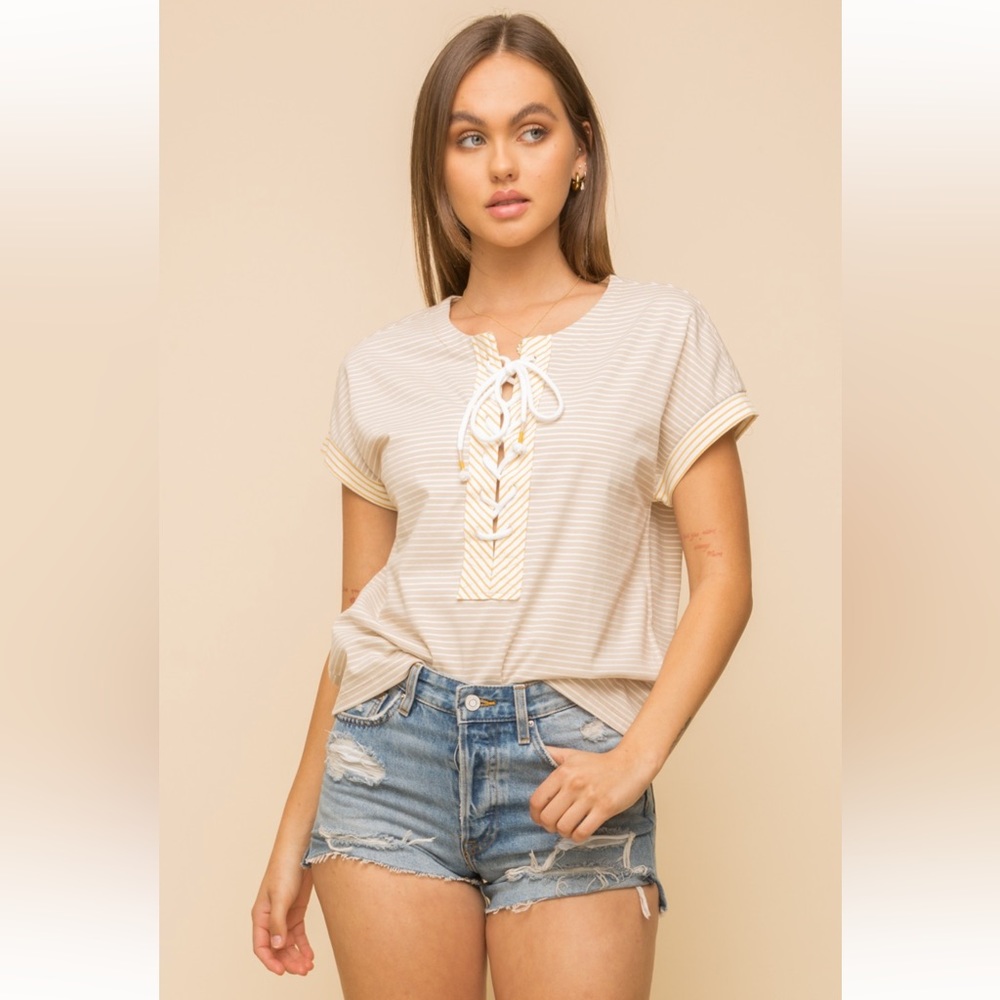 123. Short Set Lace Up Knit Top Pin Stripe Shorts Taupe/Mustard/Ivory - Picture 8 of 8